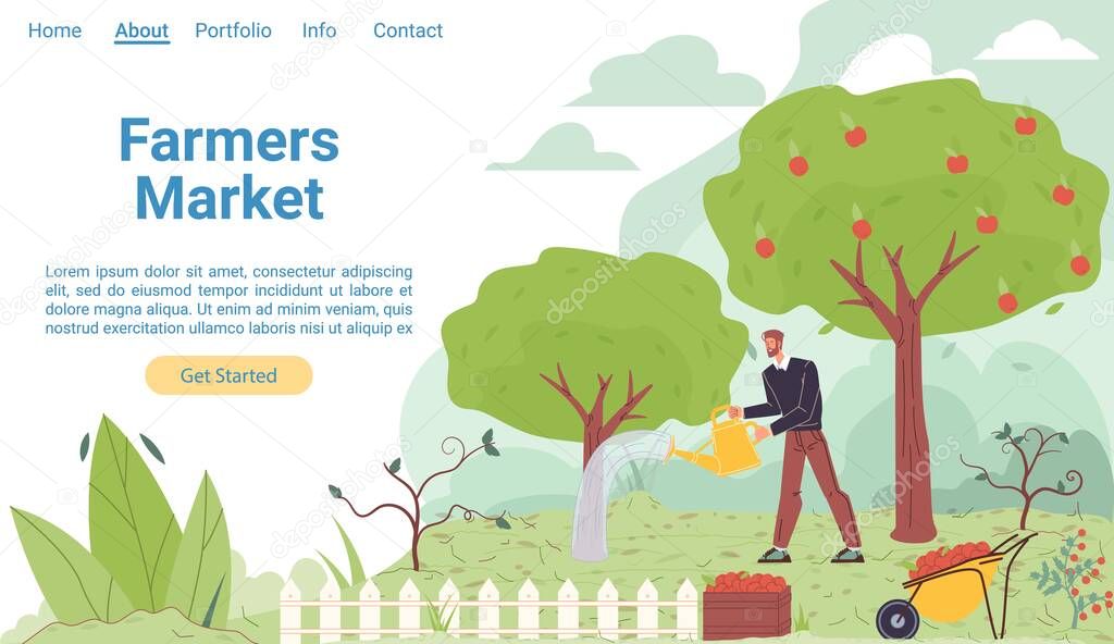 Flat cartoon farmer character grows crops, vector landing page concept