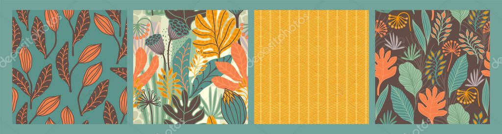 Set of seamless patterns with abstract leaves. Modern design