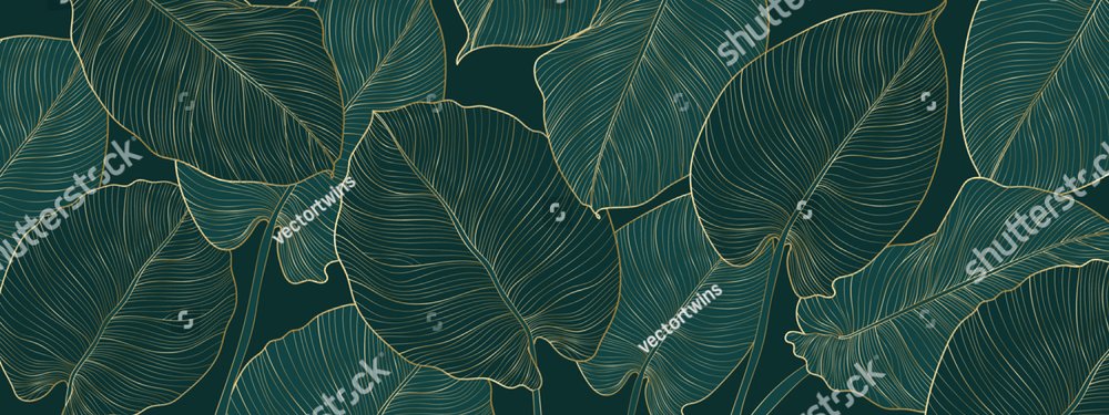 Luxury gold and nature green background vector. Floral pattern, Golden split-leaf Philodendron plant with monstera plant line arts, Vector illustration.