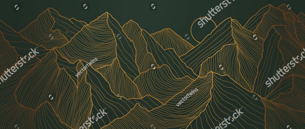 landscape wallpaper design with Golden mountain line arts, luxury background design for cover, invitation background, packaging design, fabric, and print. Vector illustration.