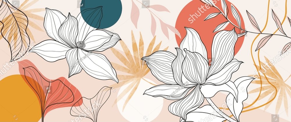 Floral and botanical line art background. Summer tone with tropical leafy , lotus flower, ginkgo leaves, branch vector. Watercolor wallpaper and circle sun for banner, prints, poster, wall art.