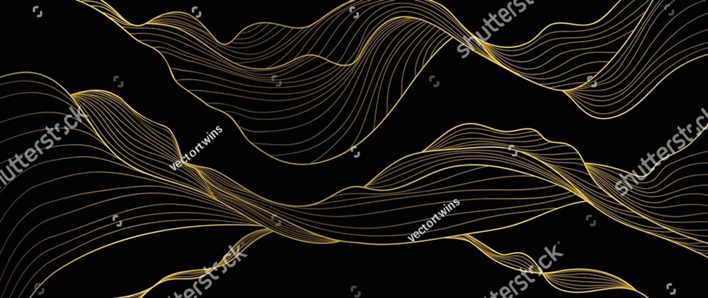Elegant abstract line art on black background. Luxury hand drawn and golden texture with gold wavy line. Shining wave line design for wallpaper, banner, prints, covers, wall art, home decor.