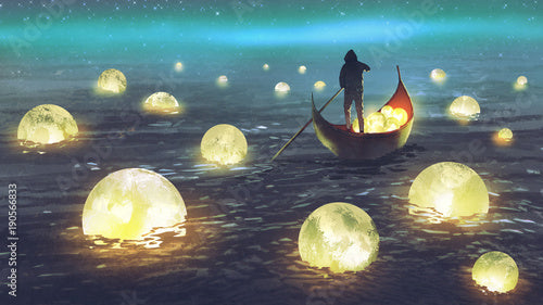 night scenery of a man rowing a boat among many glowing moons floating on the sea, digital art style, illustration painting