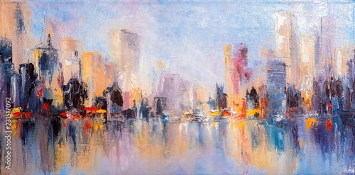 Skyline city view with reflections on water. Original oil painting on canvas,