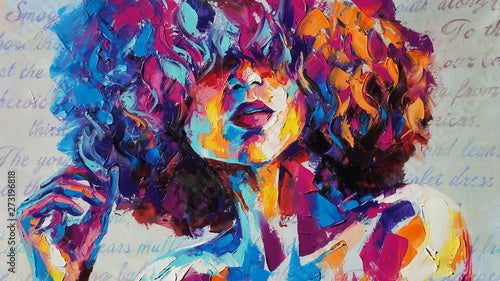 “Louise” - oil painting. Conceptual abstract picture of a beautiful girl. On the background is written text from a book. Conceptual abstract closeup of an oil painting and palette knife on canvas.