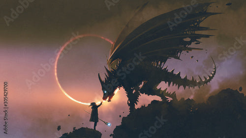 scene of the wizard reaching hand out to his dragon standing on the rock, digital art style, illustration painting
