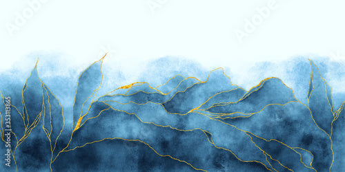Watercolor background drawn by brush. Blue paints spilled on paper. Golden shiny veins and cracked marble texture. Elegant luxury wallpaper for design, print, invitations.