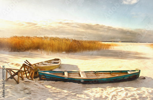 Winter landscape with ice lake and boat colorful painting