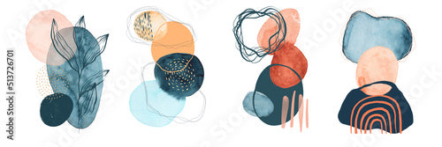 Set of abstract art backgrounds. Contemporary watercolor stains and paint shapes. Multicolored doodles. Textured brush strokes. Hand drawn. For postcards, invitations, covers, magazines, posters.