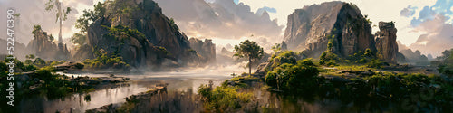 Artistic concept painting of a beautiful sci-fi landscape, with a future thing in the background. Tender and dreamy design, background illustration.