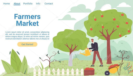 Flat cartoon farmer character grows crops, vector landing page concept