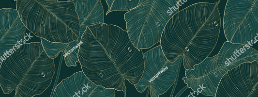 Luxury gold and nature green background vector. Floral pattern, Golden split-leaf Philodendron plant with monstera plant line arts, Vector illustration.