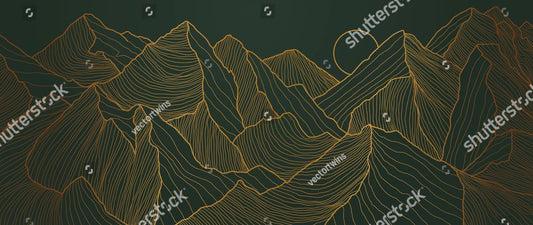 landscape wallpaper design with Golden mountain line arts, luxury background design for cover, invitation background, packaging design, fabric, and print. Vector illustration.