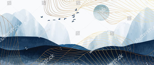 Blue mountain and golden line arts background vector. Oriental Luxury landscape background design with watercolor brush and gold line texture. Wallpaper design, Wall art for home decor and prints.
