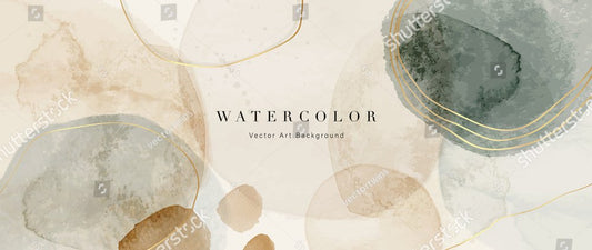 Watercolor art background vector. Wallpaper design with paint brush and gold line art. Earth tone blue, pink, ivory, beige watercolor Illustration for prints, wall art, cover and invitation cards.