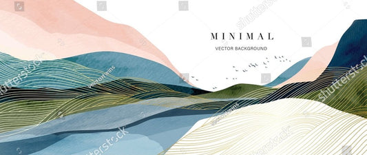 Mountain background vector. Minimal landscape art with watercolor brush and golden line art texture. Abstract art wallpaper for prints, Art Decoration, wall arts and canvas prints.