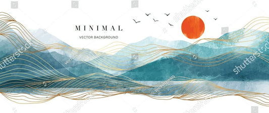 Mountain background vector. Minimal landscape art with watercolor brush and golden line art texture. Abstract art wallpaper for prints, Art Decoration, wall arts and canvas prints.