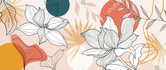 Floral and botanical line art background. Summer tone with tropical leafy , lotus flower, ginkgo leaves, branch vector. Watercolor wallpaper and circle sun for banner, prints, poster, wall art.