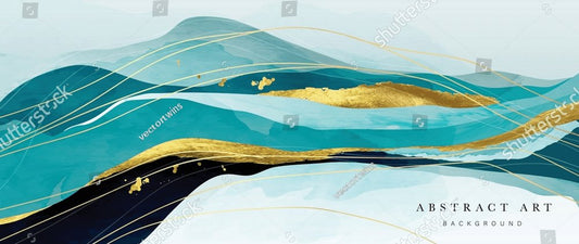 Elegant abstract mountain background. Watercolor wallpaper with gold wavy lines, hill, sky and dark blue color. Luxury in blue tone design for banner, covers, wall art, home decor and invitation.