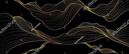 Elegant abstract line art on black background. Luxury hand drawn and golden texture with gold wavy line. Shining wave line design for wallpaper, banner, prints, covers, wall art, home decor.